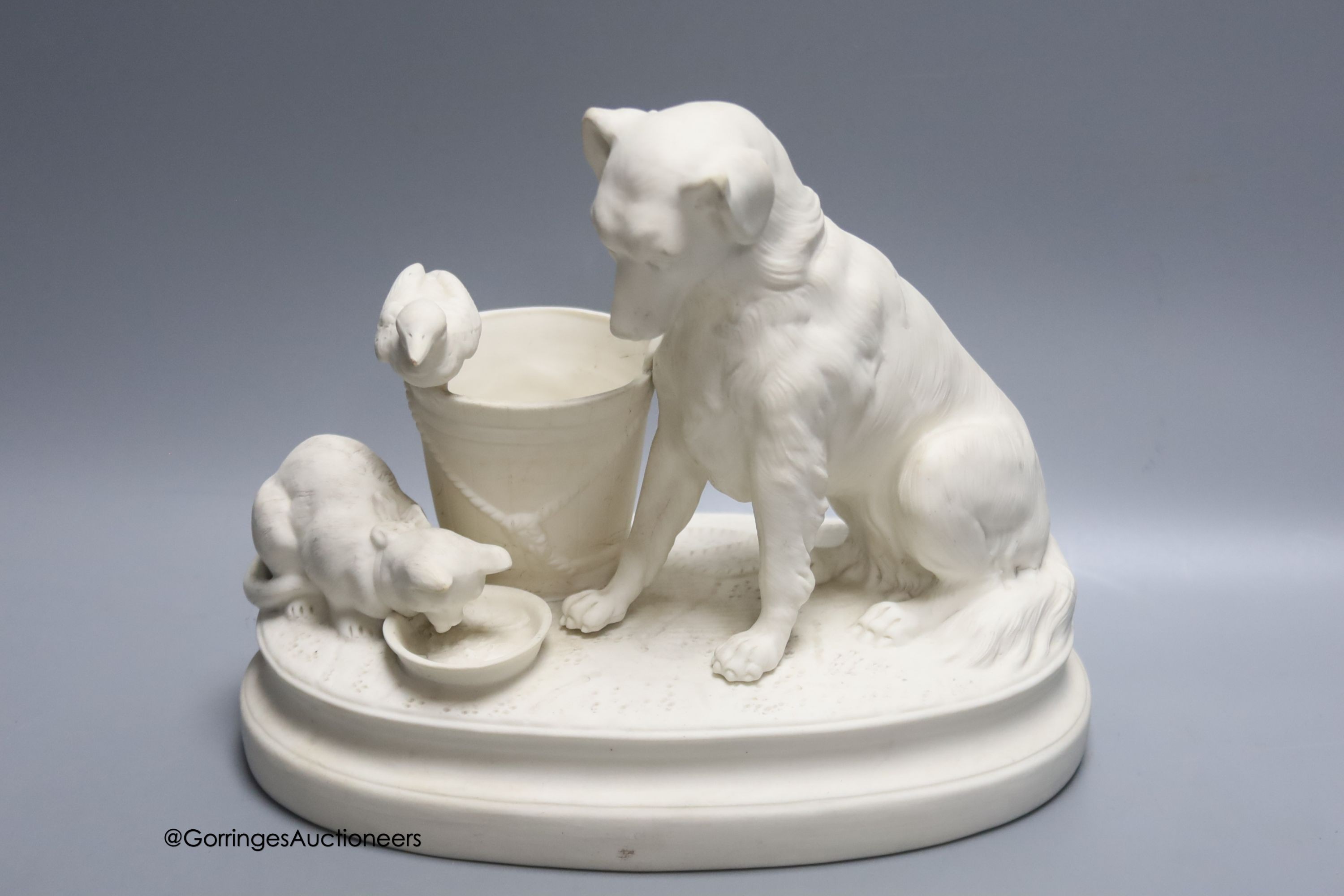 Three Parian Ware animal groups/spill holders, comprising, 'Imposing on Good Nature', 'Match Making' and another by R. J. Morris